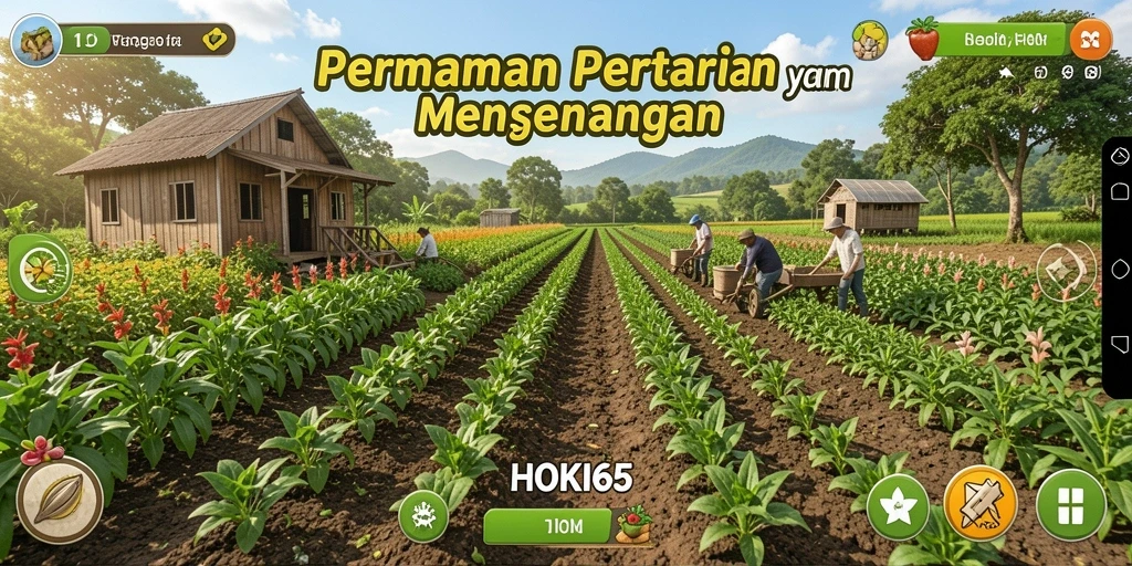 Screenshot utama HOKI65 yang menunjukkan aktivitas bertani yang seru.