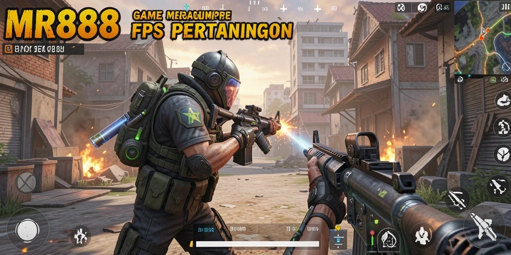 Screenshot utama MR888 menampilkan aksi seru dalam permainan FPS.