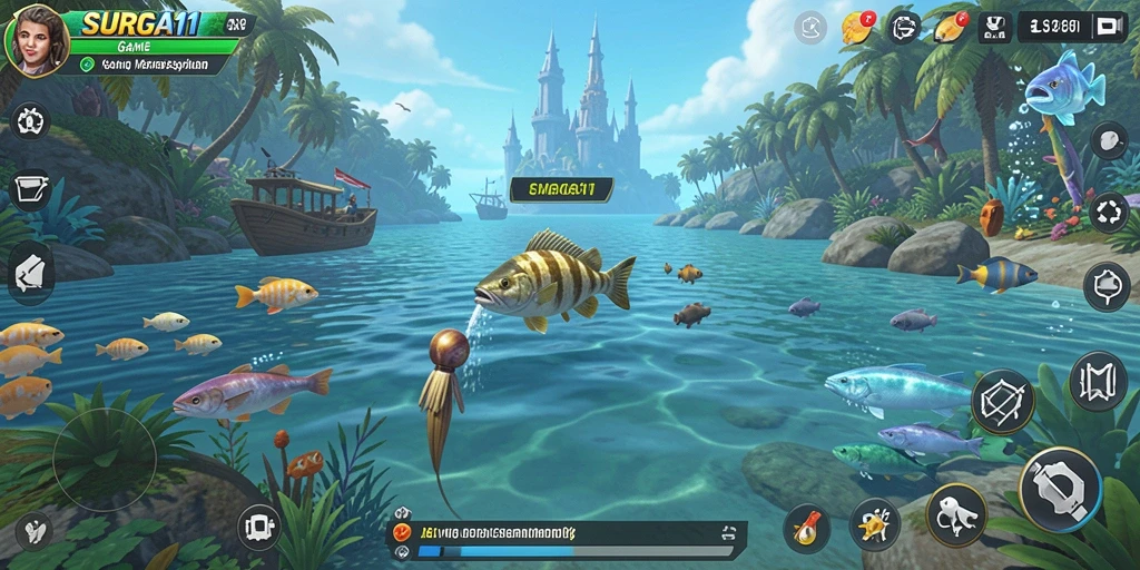 Tampilan gameplay SURGA11 menampilkan aksi memancing yang mendebarkan.