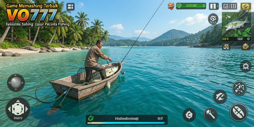 Screenshot utama VO777 menunjukkan gameplay seru saat menangkap ikan.